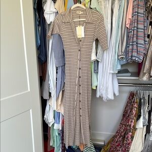 NATION Brand Brown Plaid/Striped Button-Down Maxi Dress